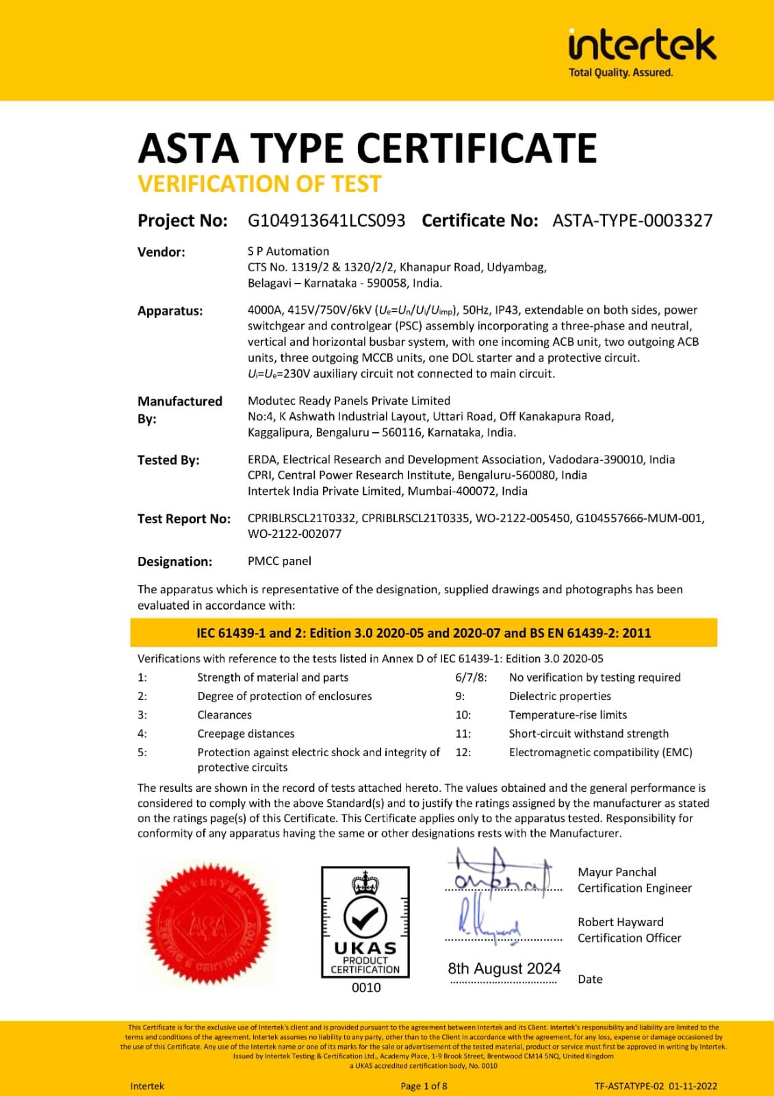 Intertek ASTA Type Certificate